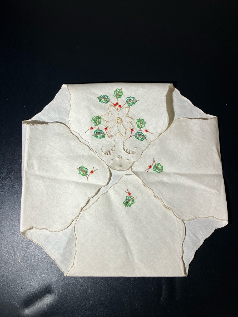 Vintage Poinsettia Holiday bread basket liner  - Cream with Green & Red